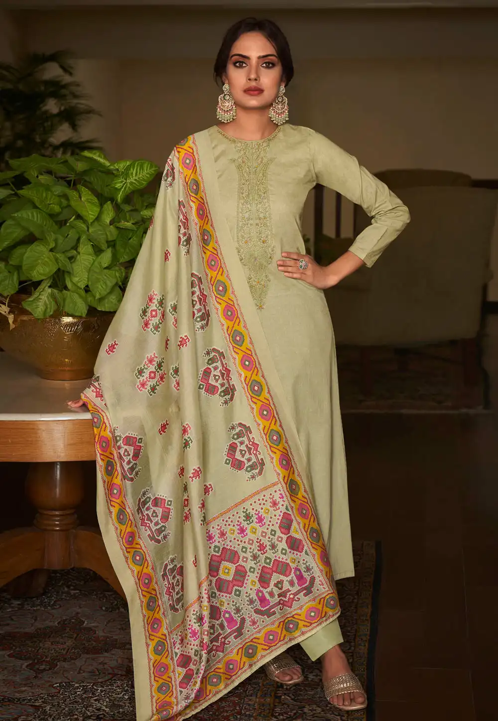 Pista Green Cambric Cotton Straight Suit 328879