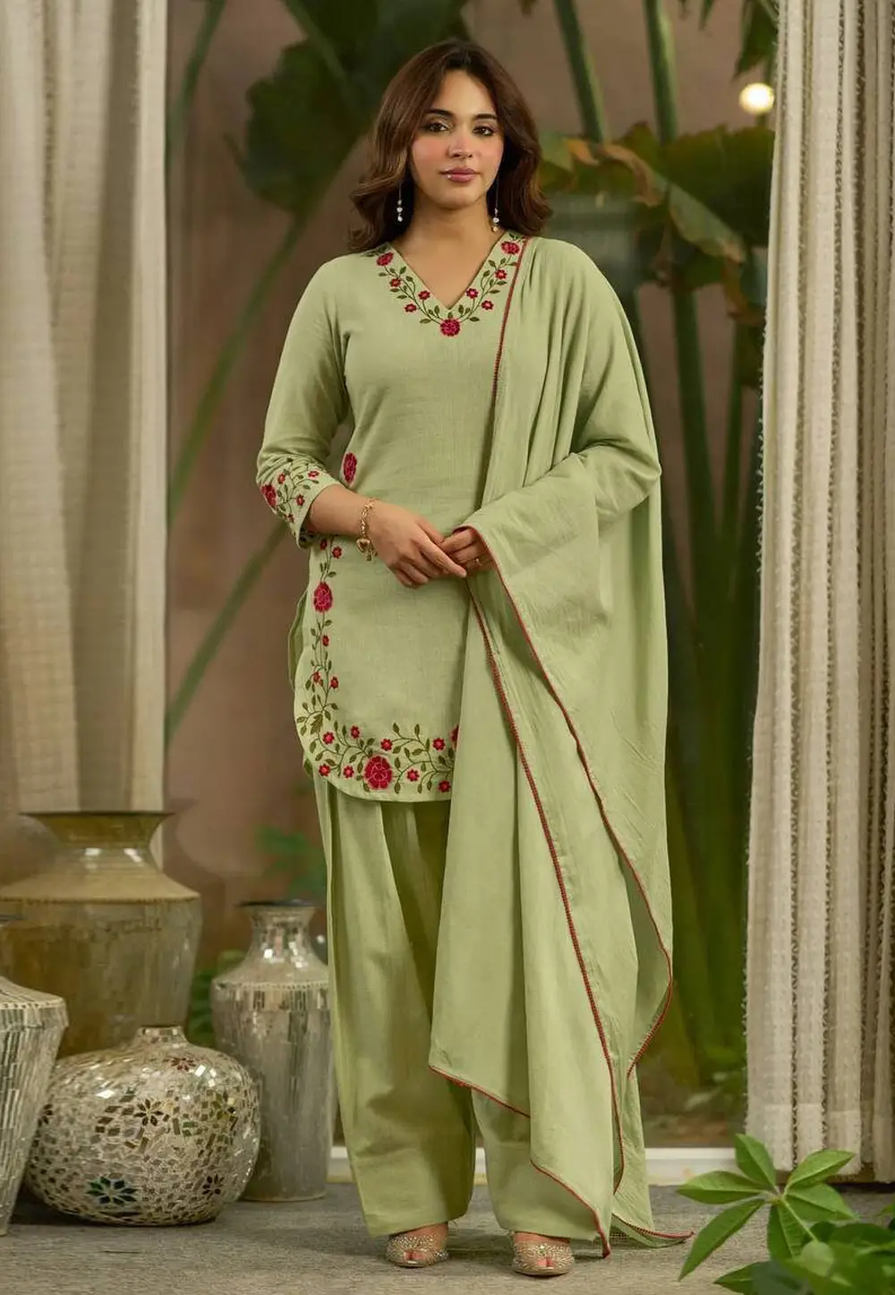 Pista Green Chanderi Cotton Readymade Punjabi Suit 337069