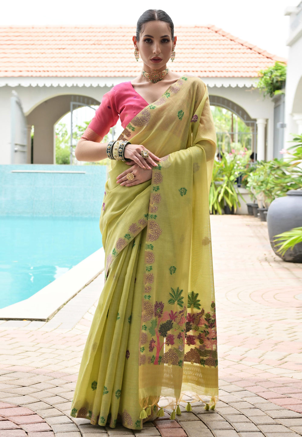 Pista Green Chanderi Cotton Saree With Blouse 320652