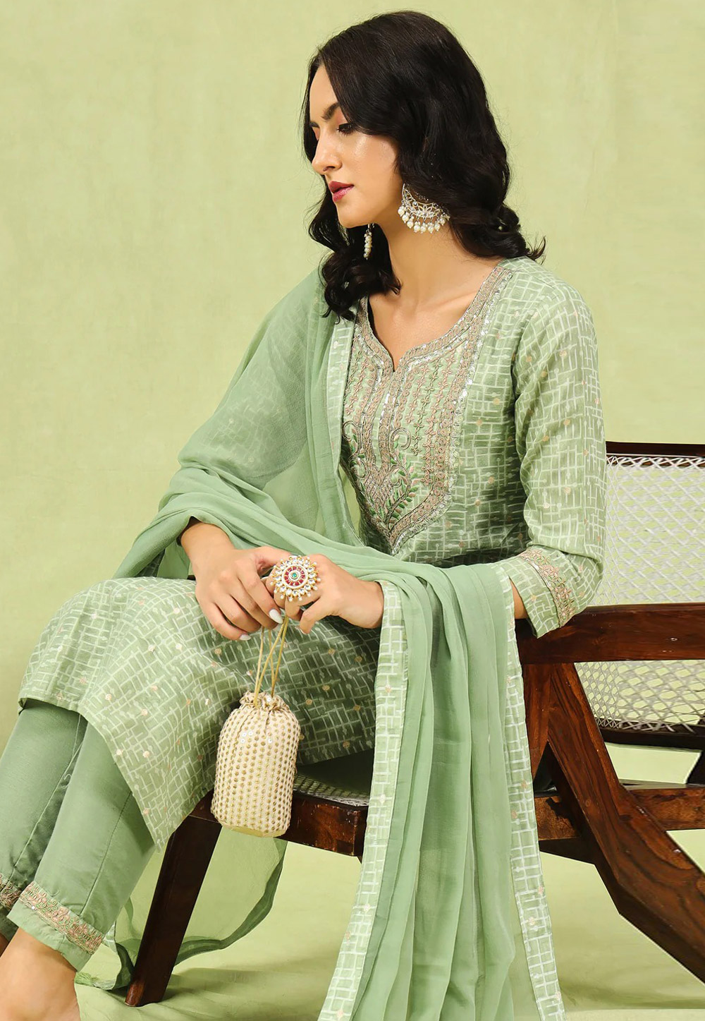 Pista Green Chanderi Readymade Pakistani Suit 308115