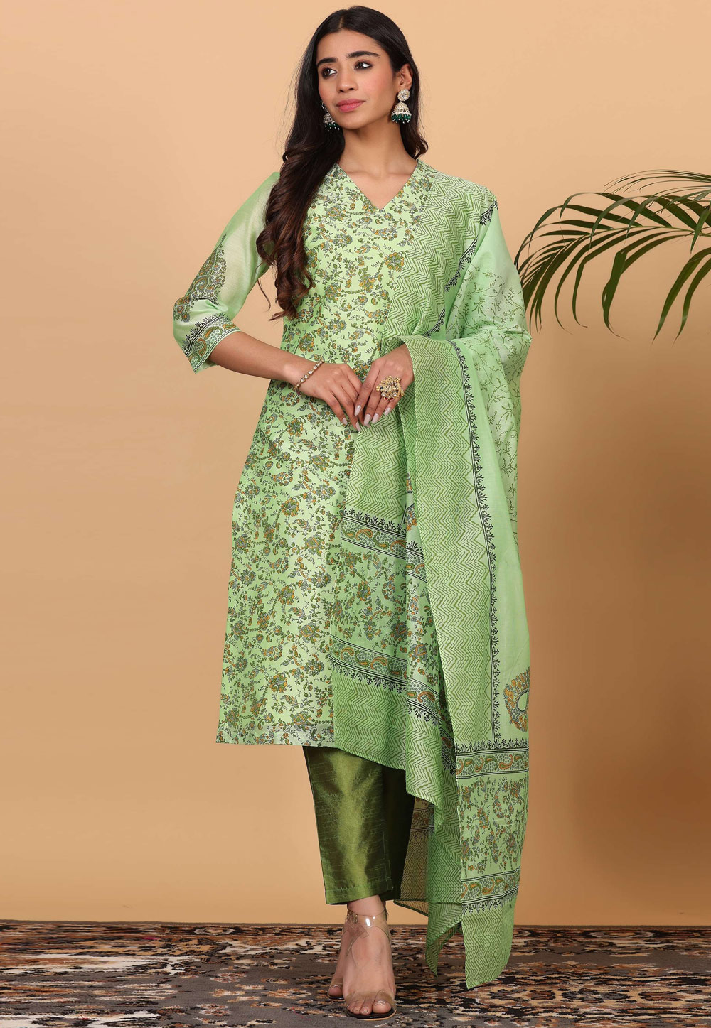 Pista Green Chanderi Readymade Pakistani Suit 305416