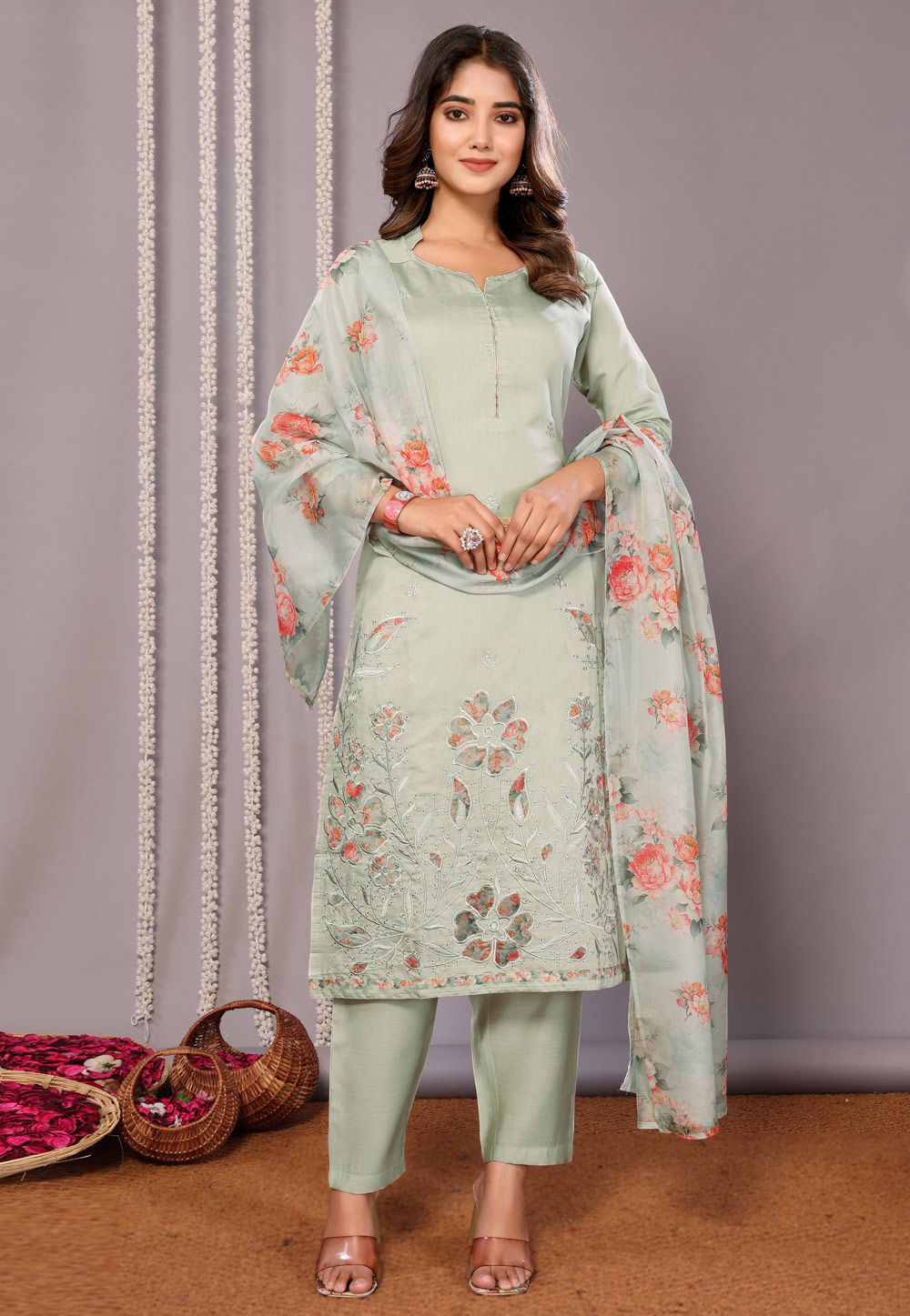 Pista Green Chanderi Readymade Pakistani Suit 308133