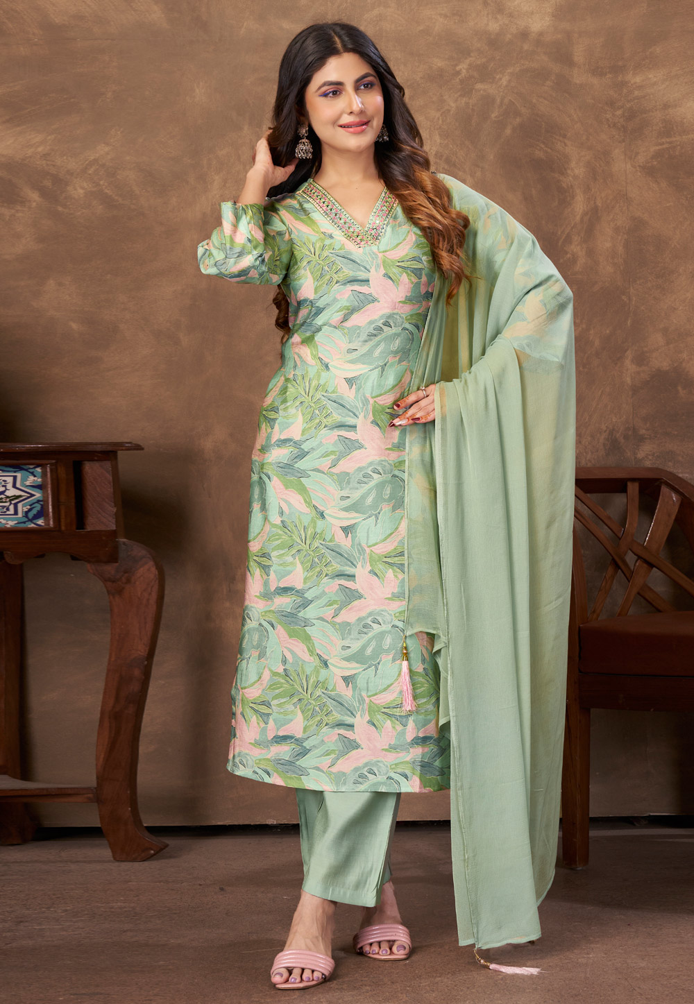 Pista Green Chanderi Readymade Pant Style Suit 328121