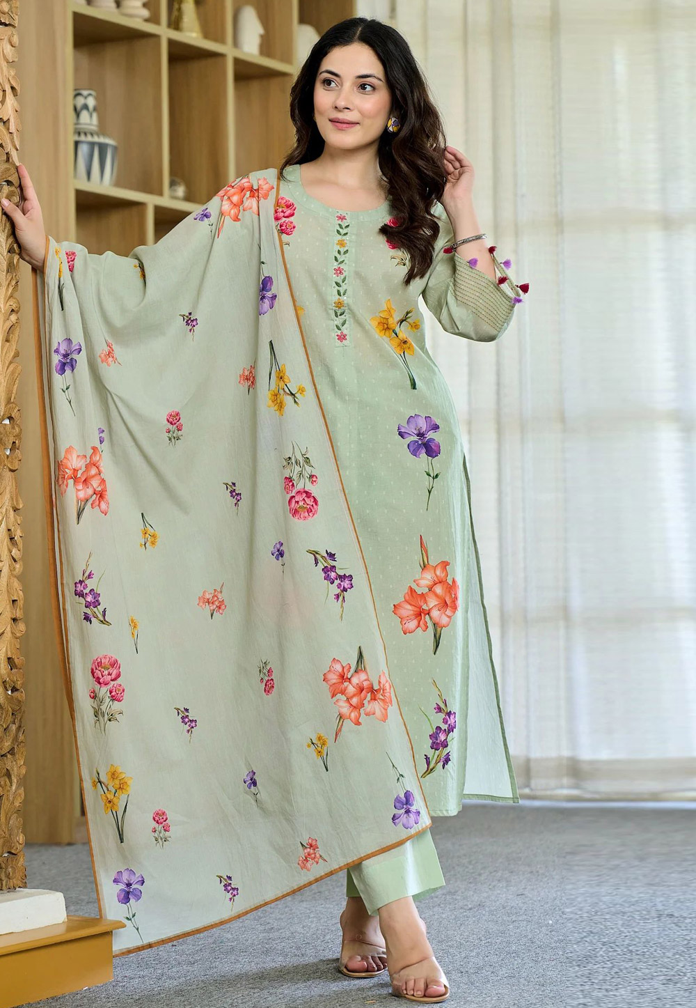 Pista Green Chanderi Readymade Pant Style Suit 327261