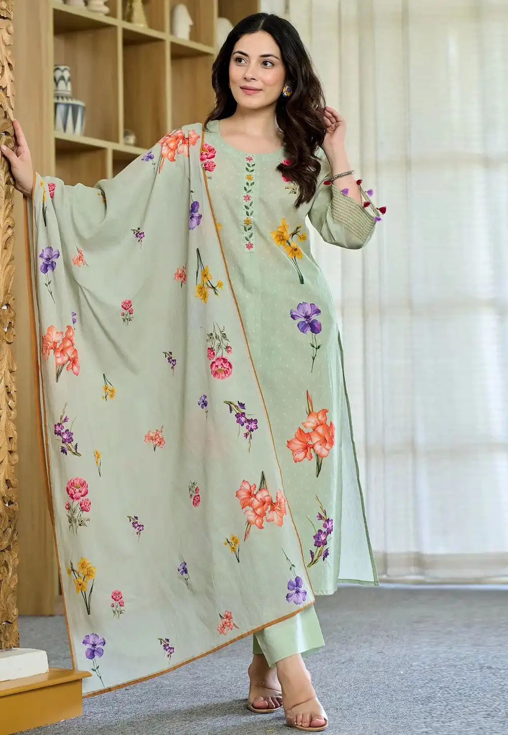 Pista Green Chanderi Readymade Pant Style Suit 327261