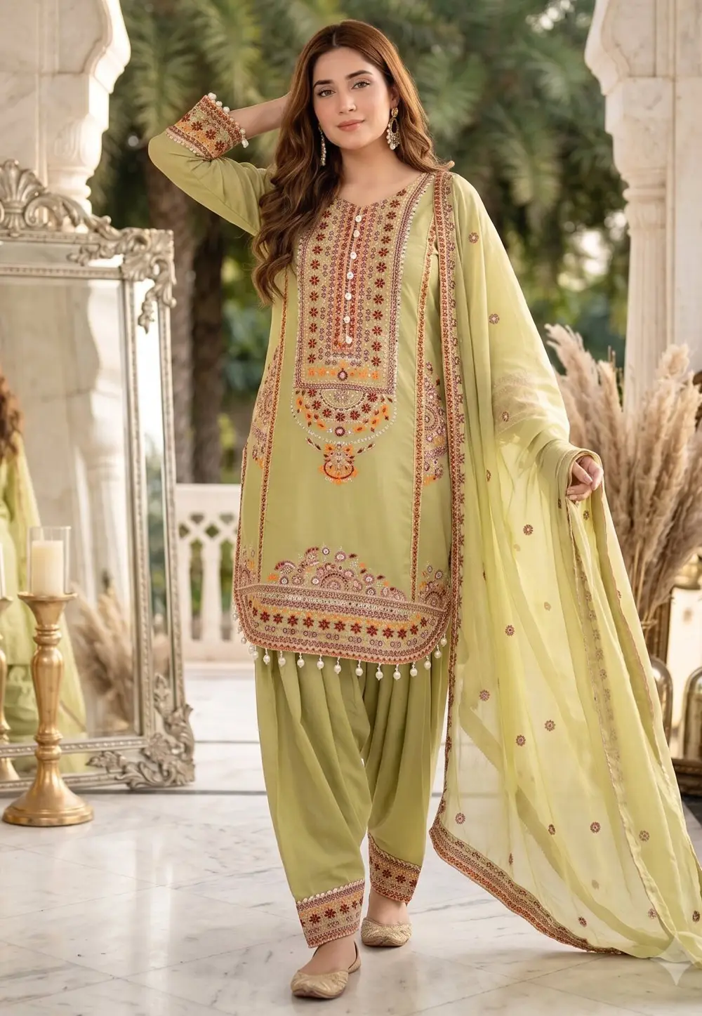 Pista Green Chanderi Readymade Punjabi Suit 333707
