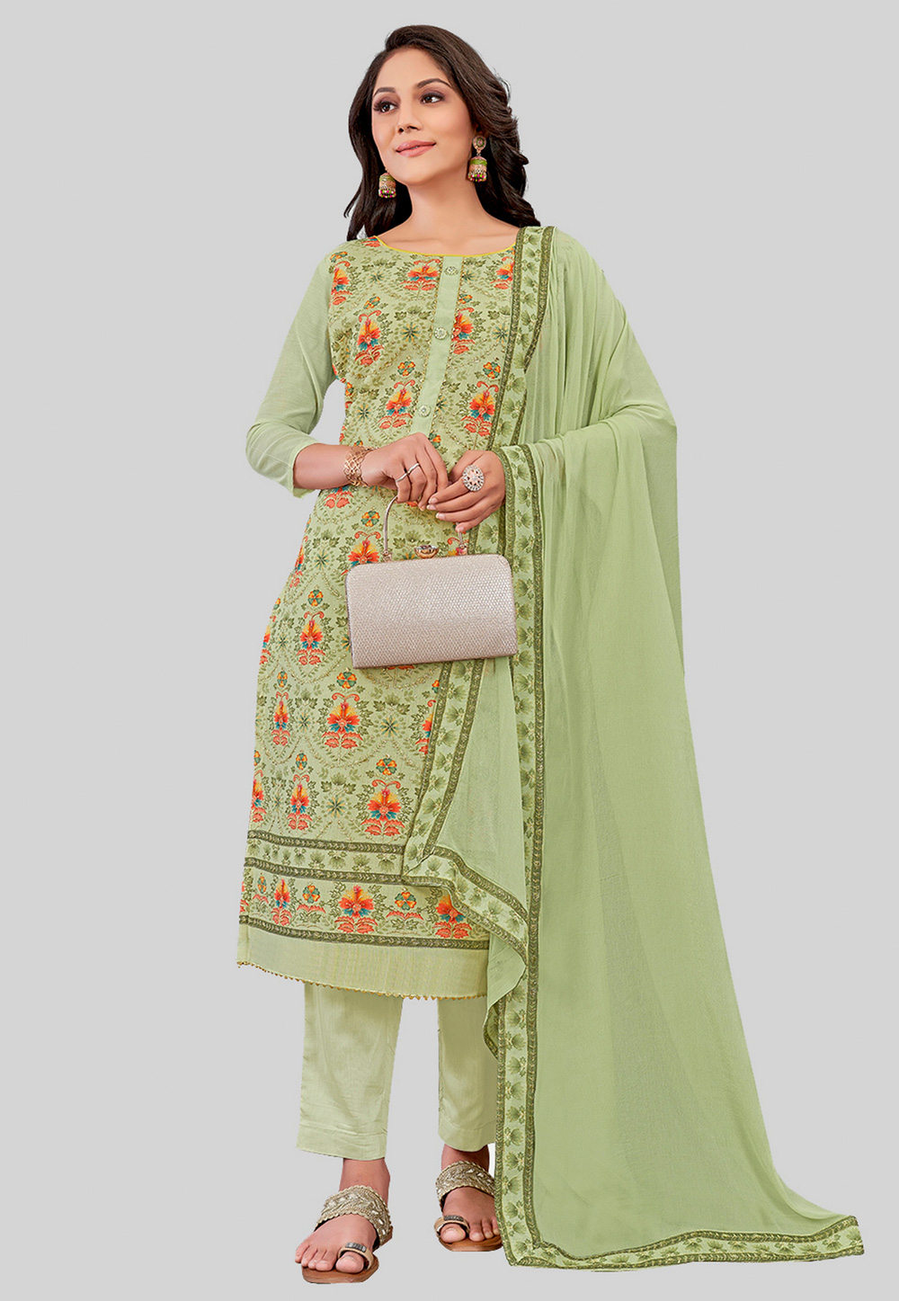 Pista Green Chanderi Silk Pant Style Suit 284453