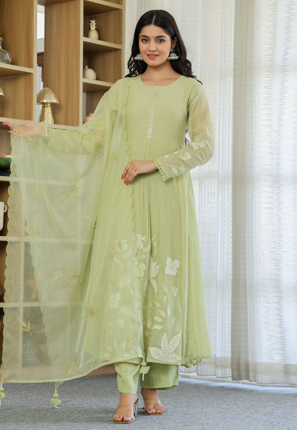 Pista Green Chanderi Silk Readymade Pant Style Suit 321712