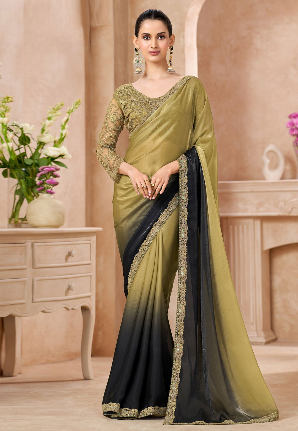Pista Green Chiffon Half N Half Saree 323960