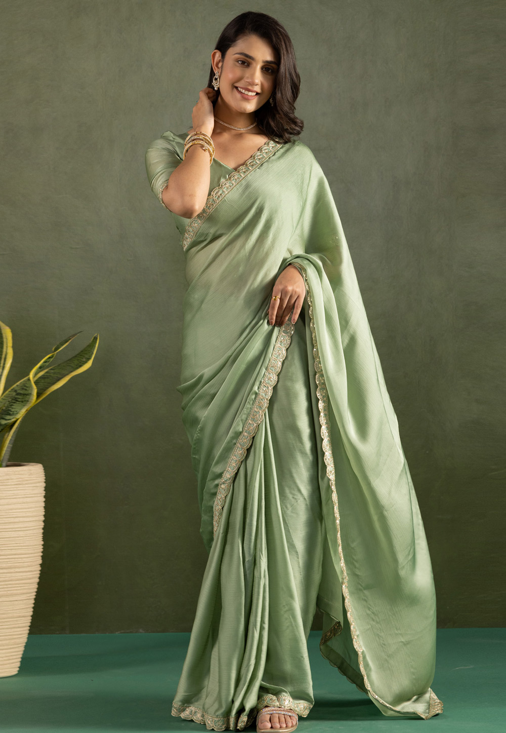 Pista Green Chiffon Lehenga Saree 311570