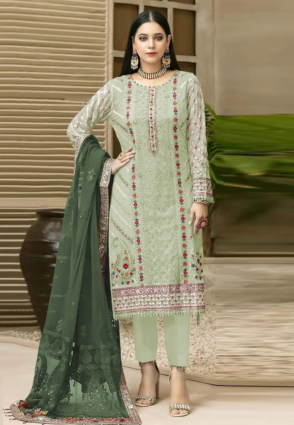 Pista Green Chiffon Pakistani Suit 329690