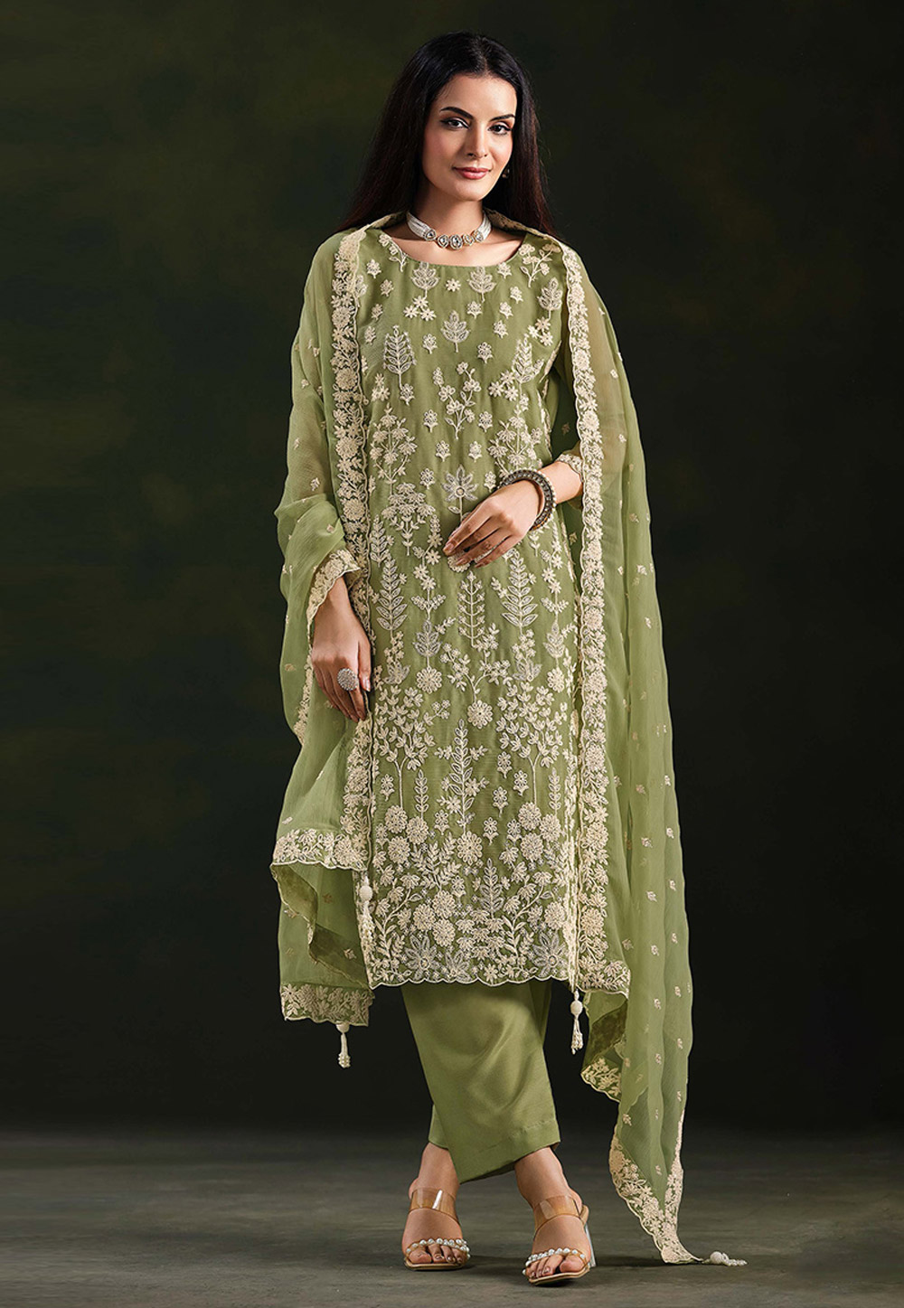 Pista Green Chiffon Pakistani Suit 324513