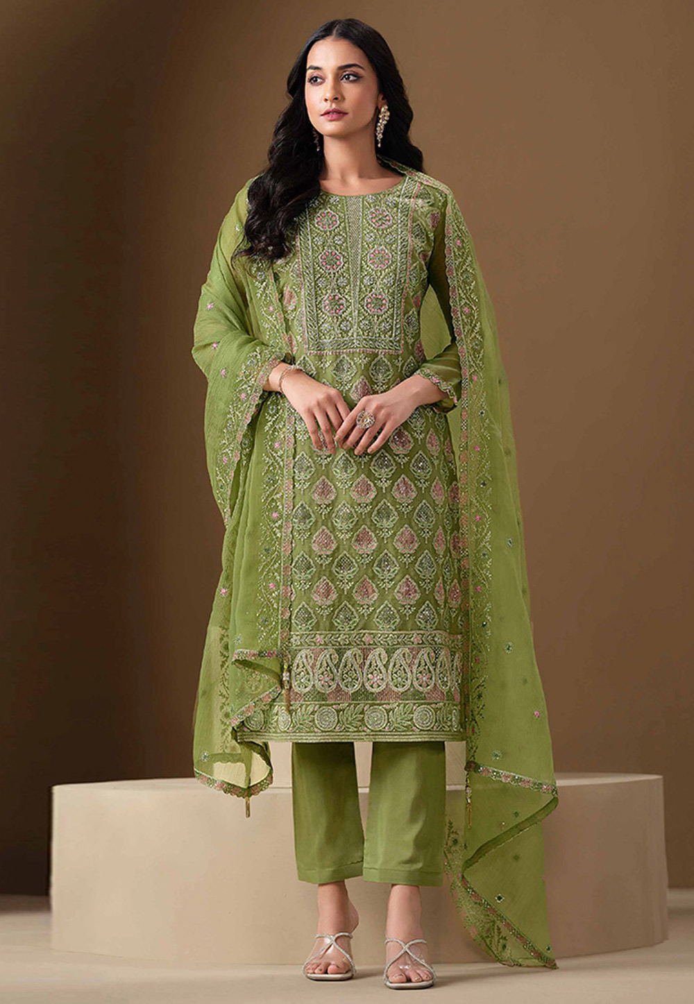 Pista Green Chiffon Pant Style Suit 324804