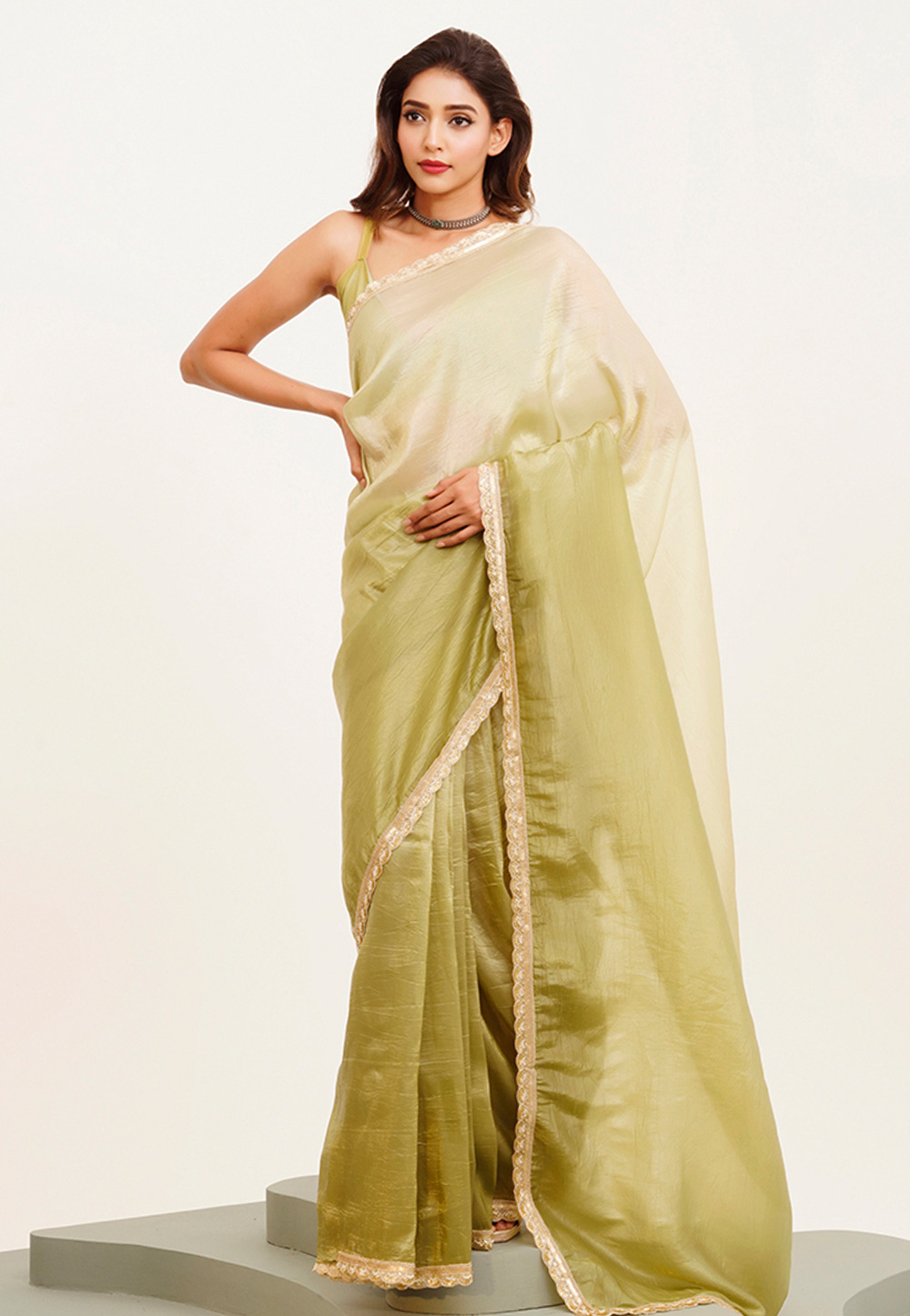 Pista Green Chiffon Saree With Blouse 311818