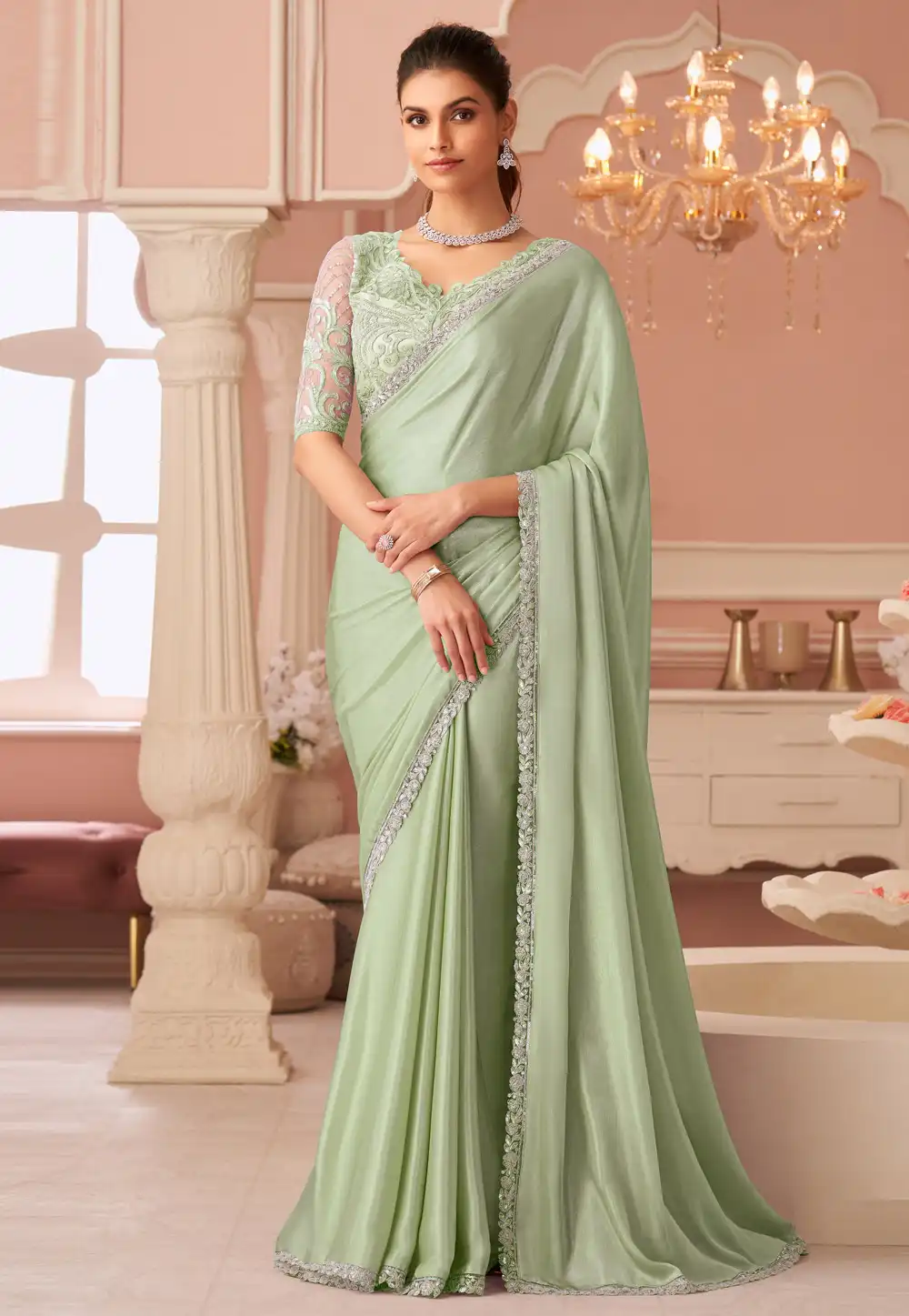 Pista Green Chiffon Shimmer Saree With Blouse 317004