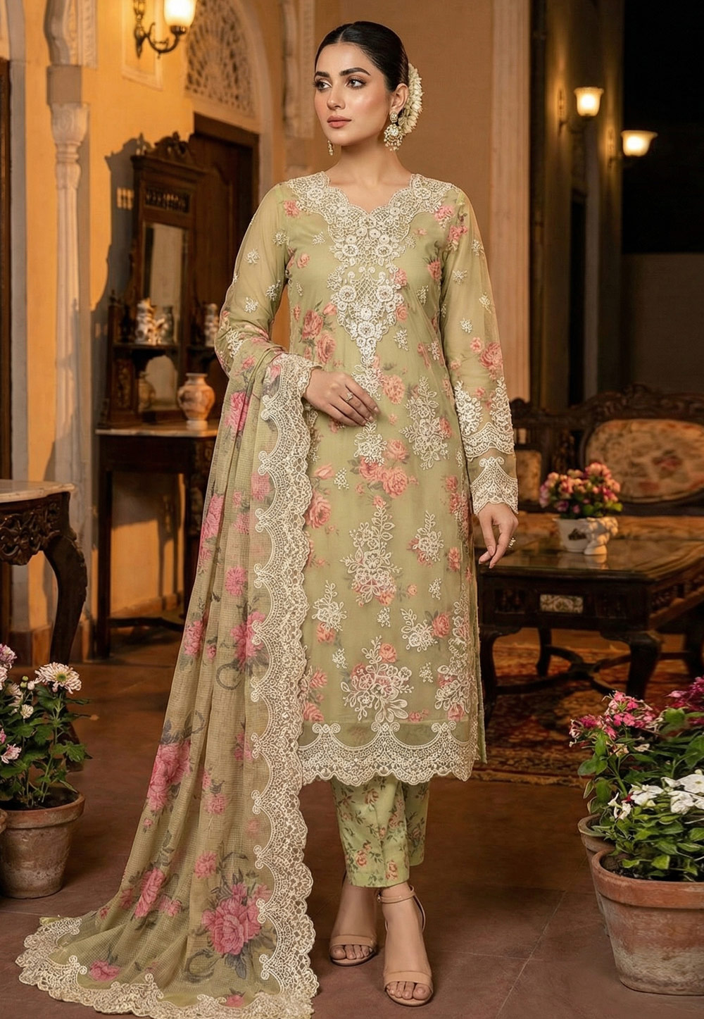 Pista Green Chiffon Straight Suit 327316