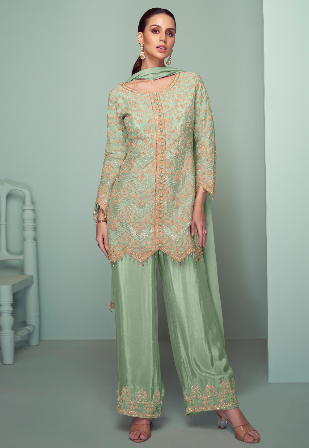 Pista Green Chinon Embroidered Palazzo Suit 311402