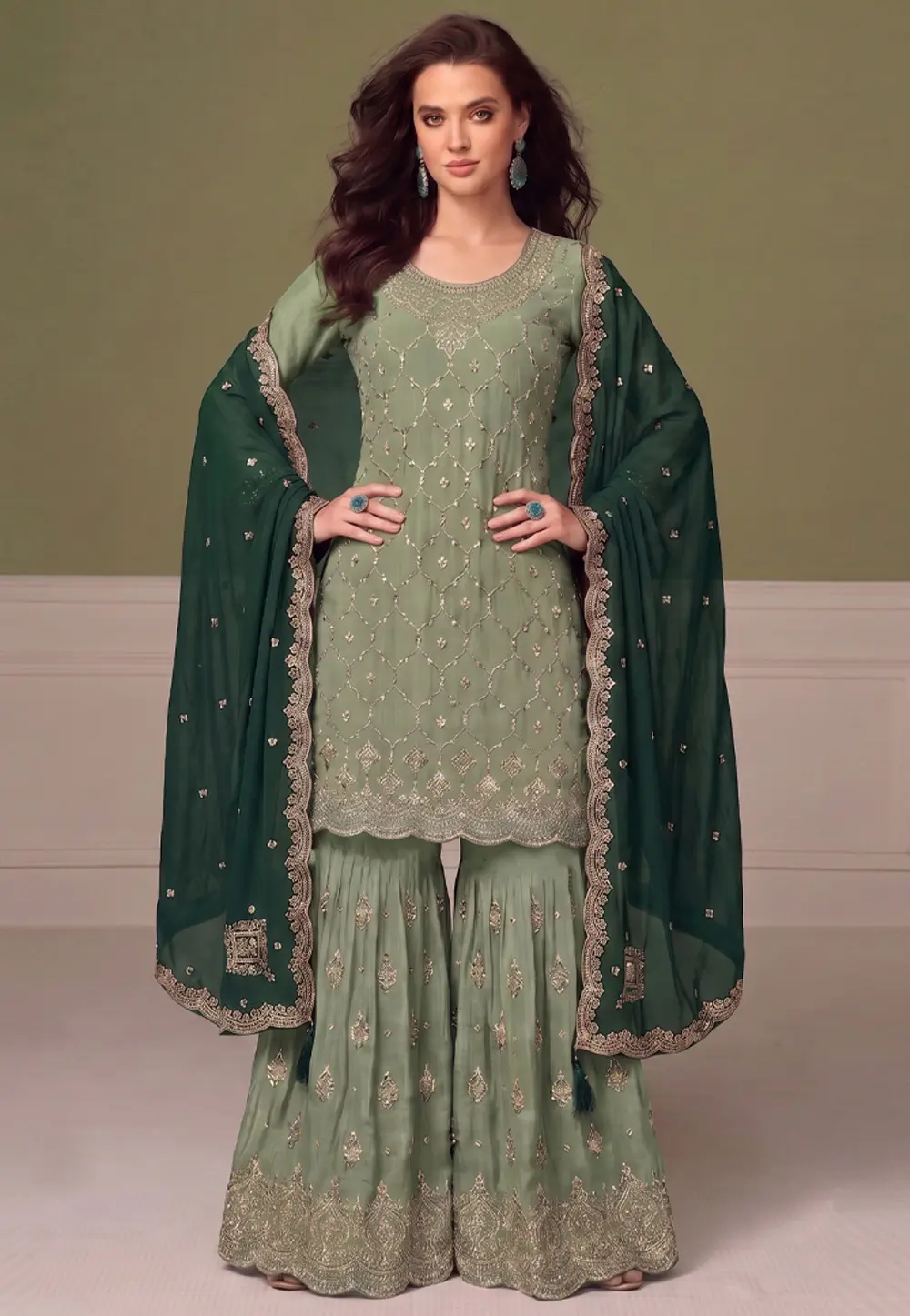 Pista Green Chinon Gharara Suit 331598