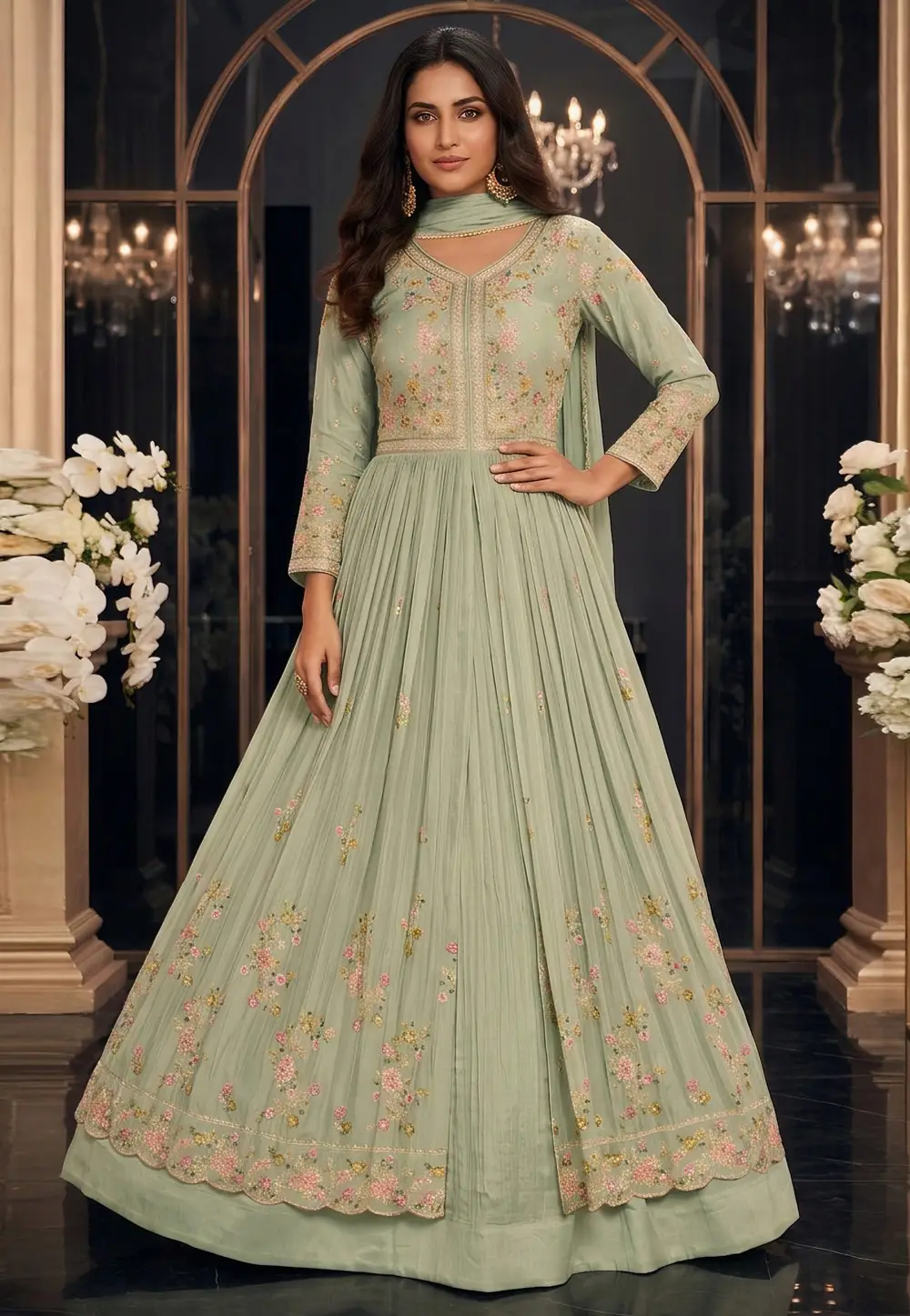 Pista Green Chinon Silk Anarkali Lehenga Choli 333972