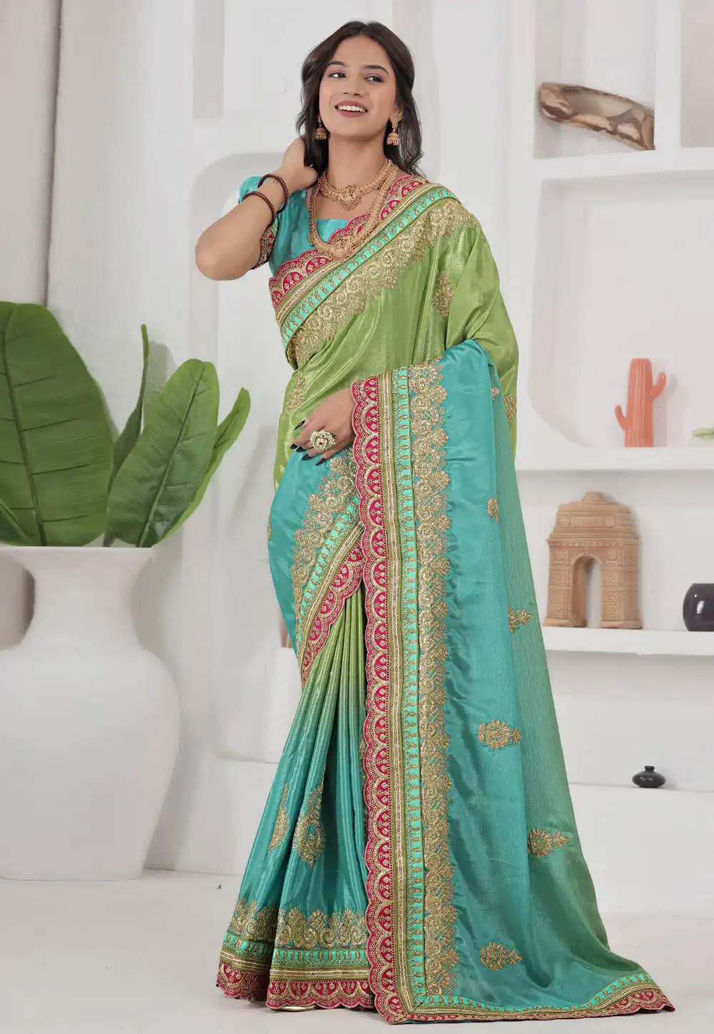 Pista Green Chinon Silk Half N Half Saree 317541
