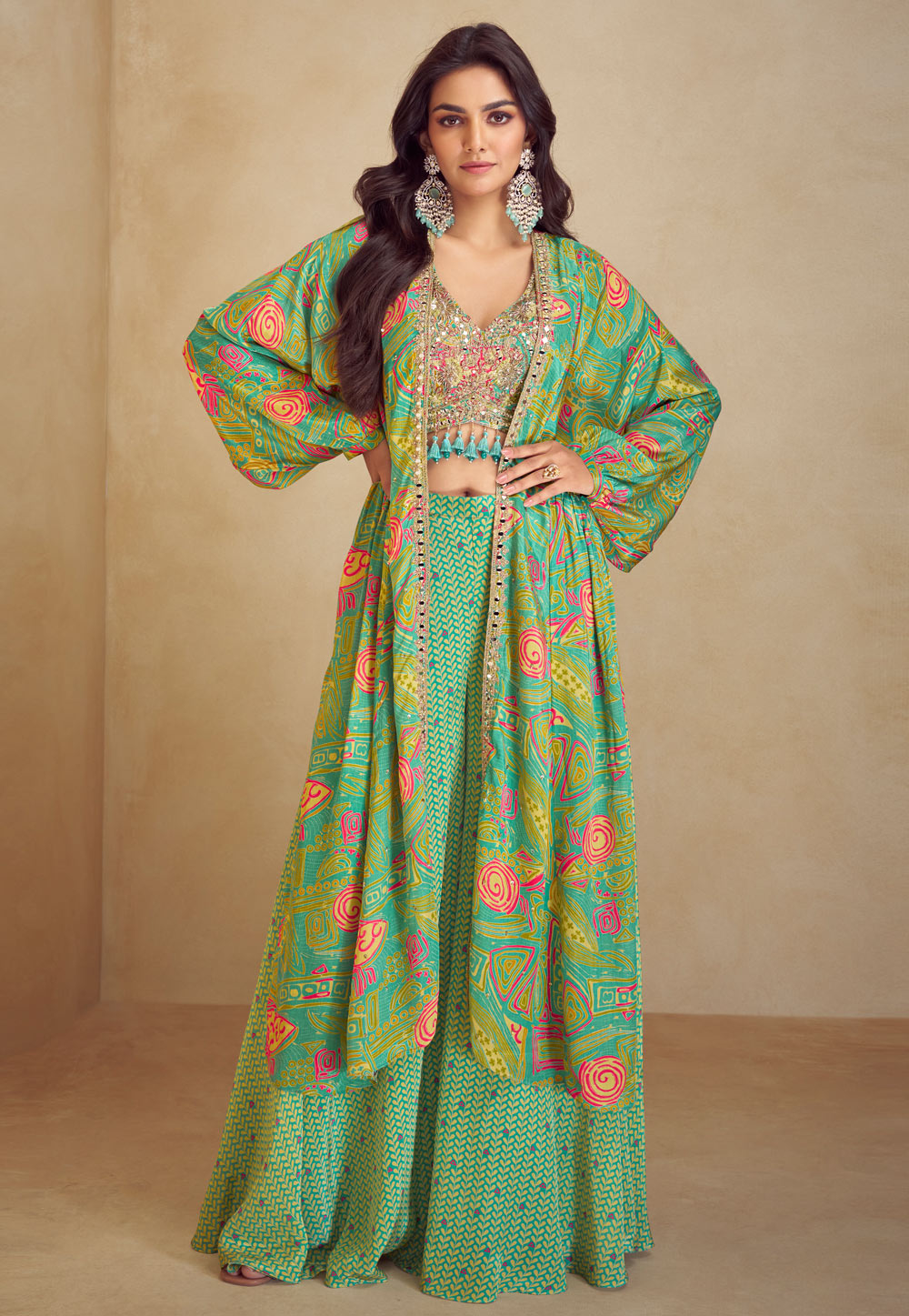 Pista Green Chinon Silk Jacket Style Suit 318832