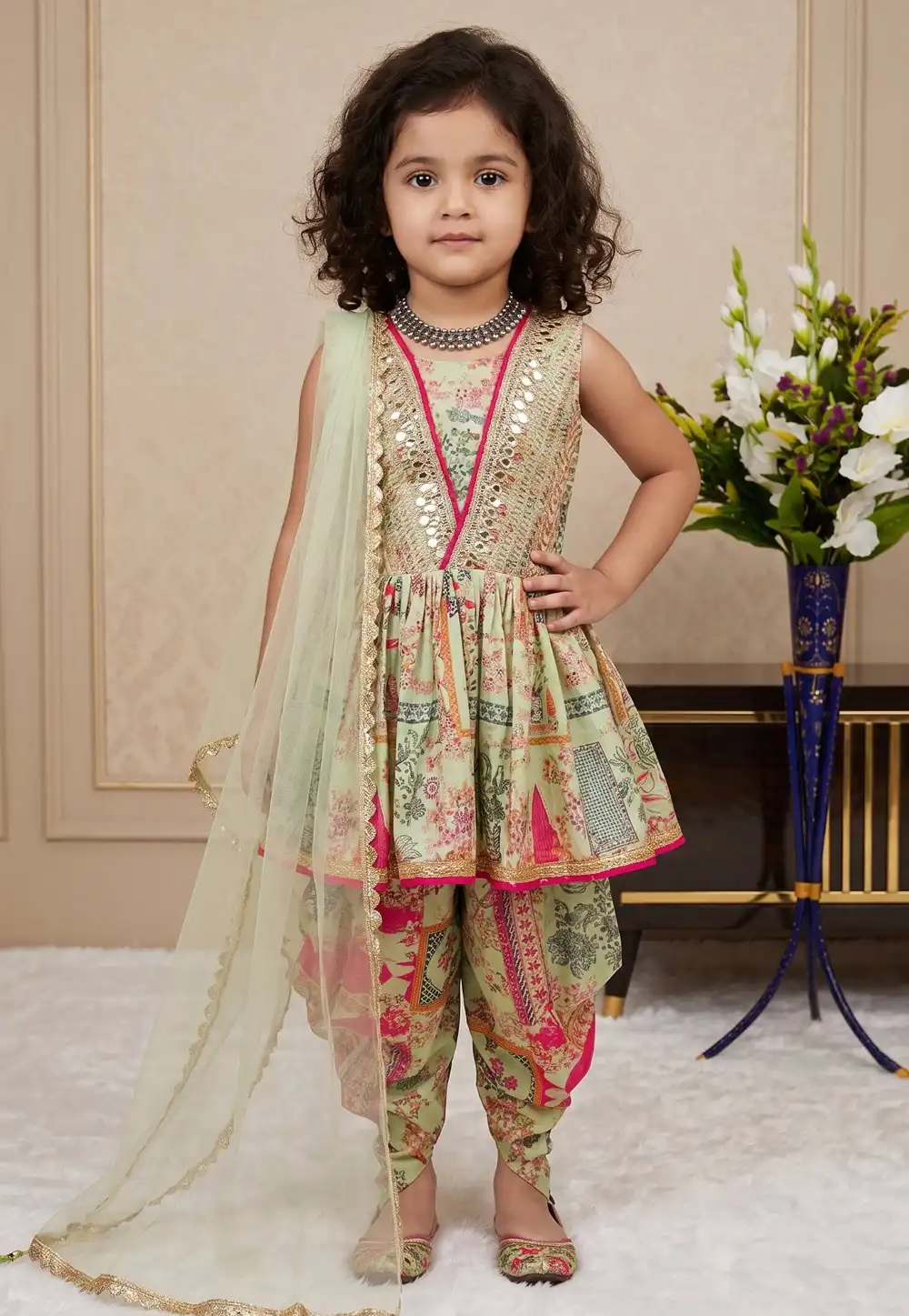 Pista Green Chinon Silk Kids Dhoti Salwar Suit 329918