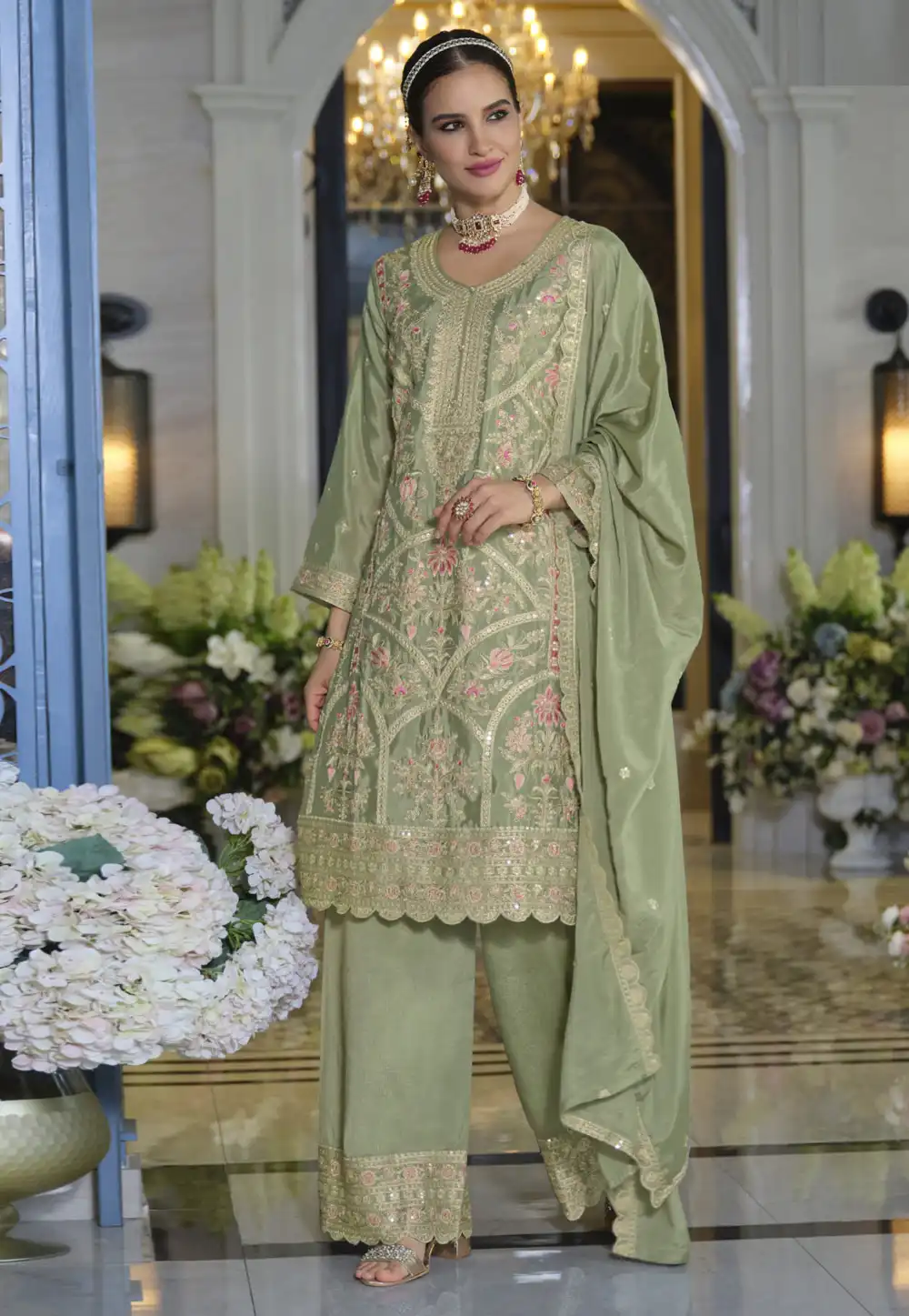 Pista Green Chinon Silk Palazzo Suit 317447