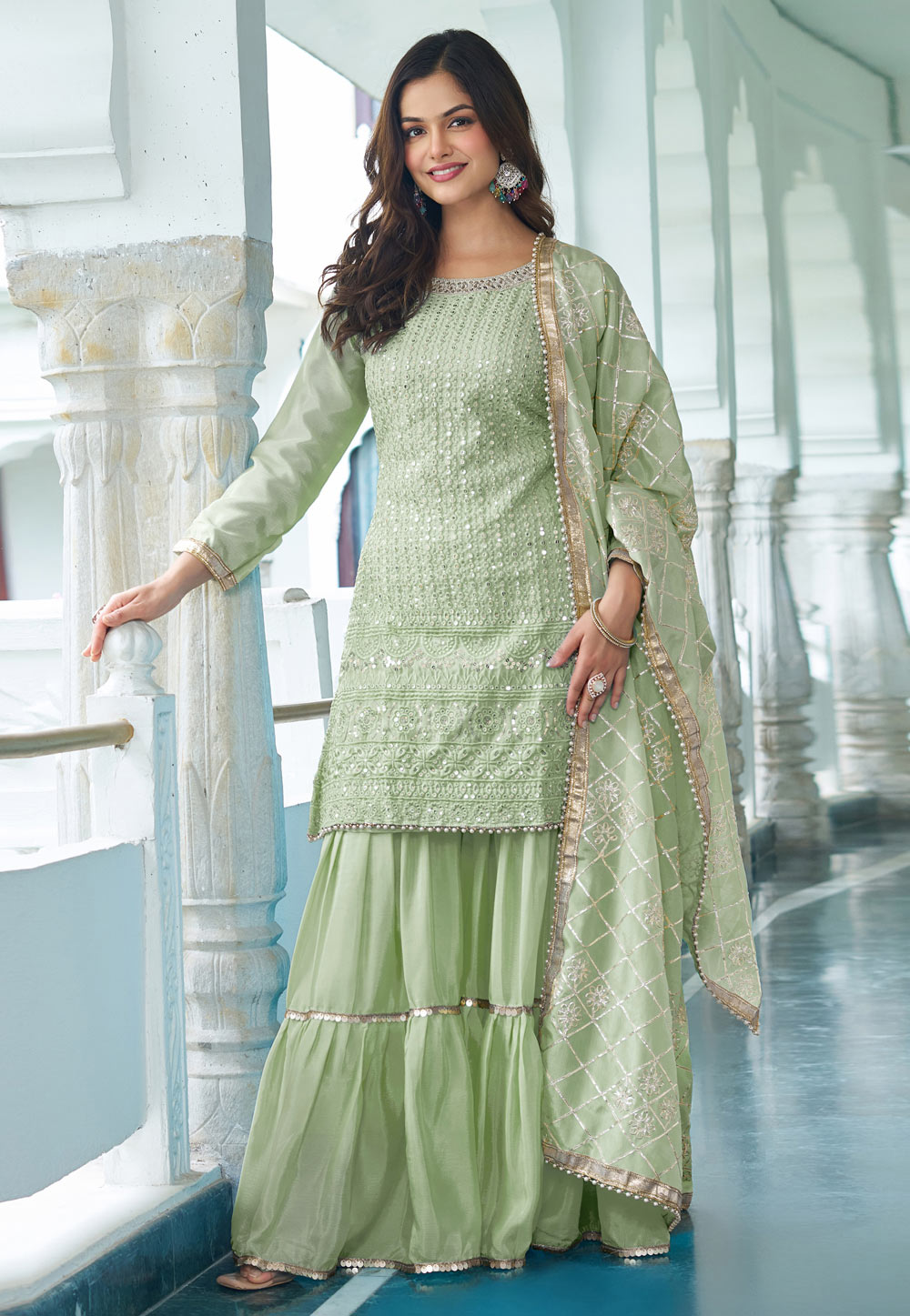 Pista Green Chinon Silk Readymade Sharara Suit 322247