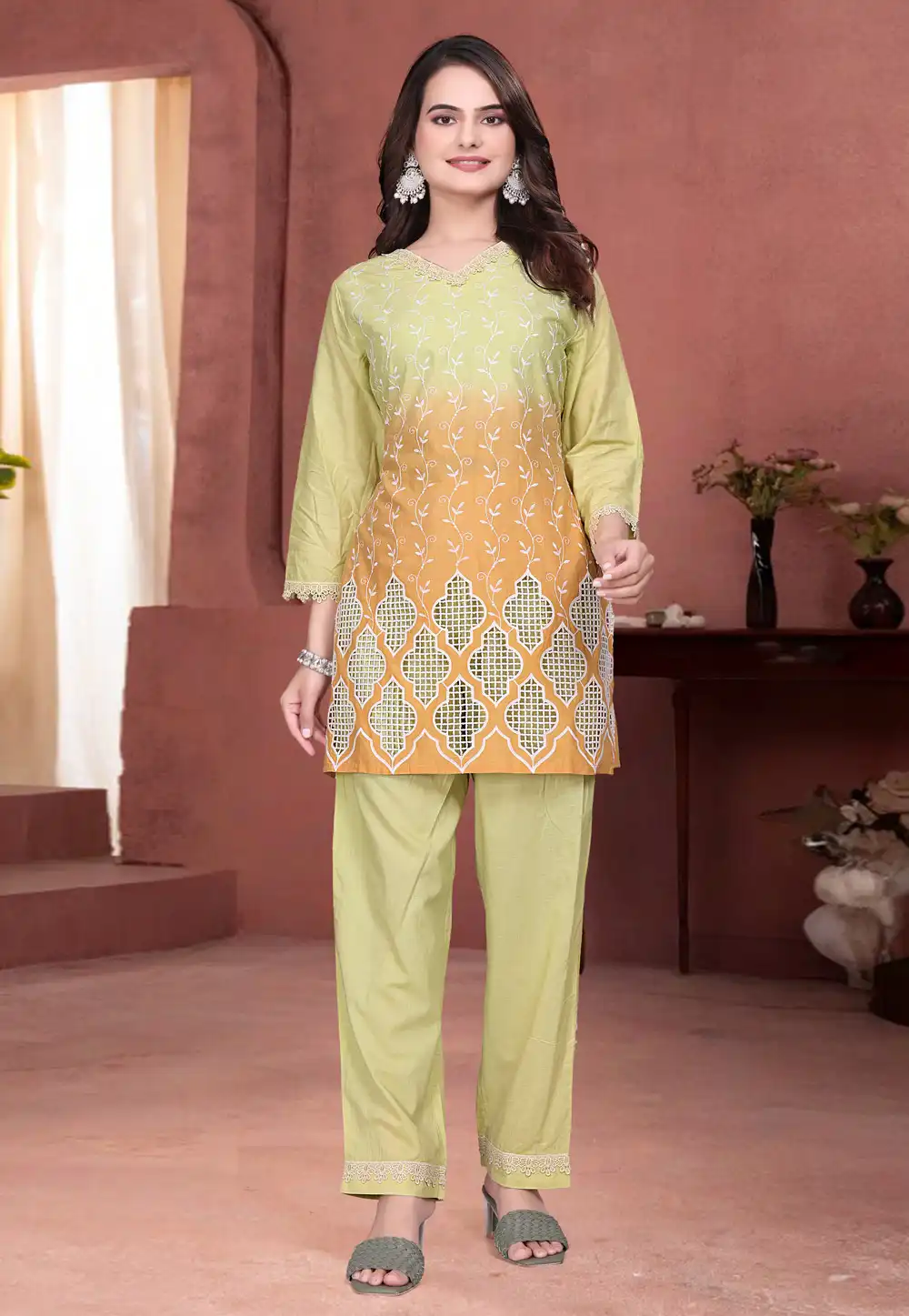 Pista Green Cotton Kurta Set With Pant 321597