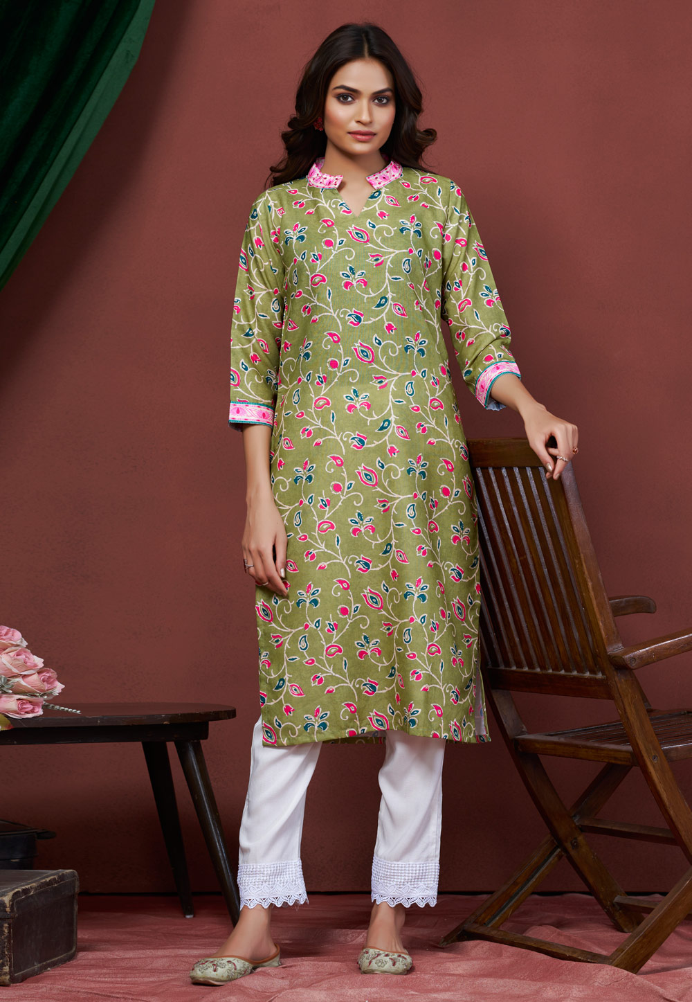 Pista Green Cotton Linen Printed Long Kurti 311976