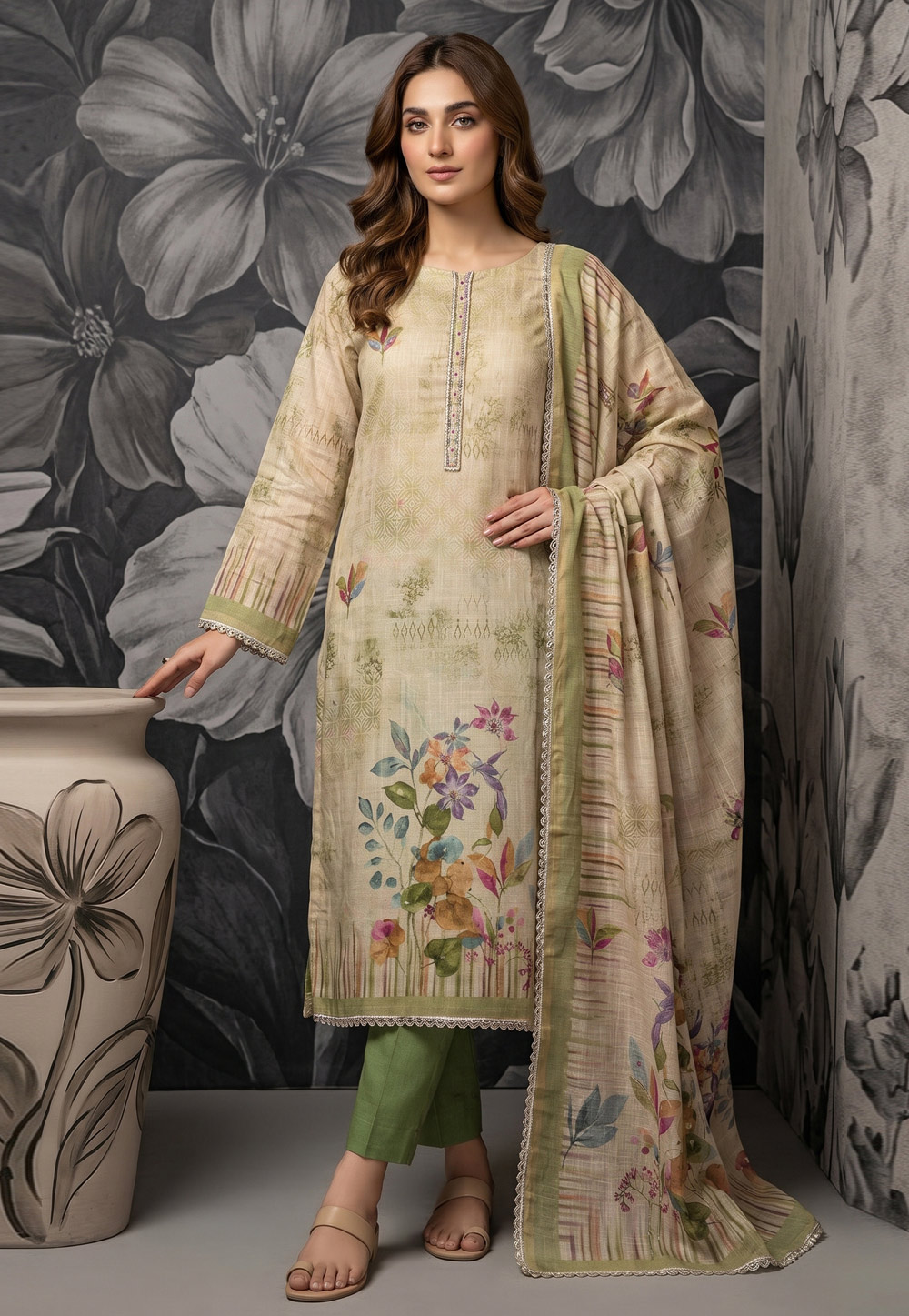 Pista Green Cotton Linen Straight Suit 330116