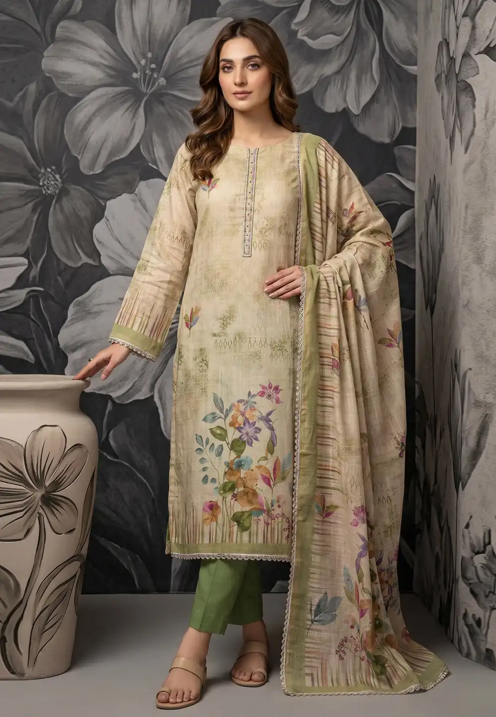 Pista Green Cotton Linen Straight Suit 330116