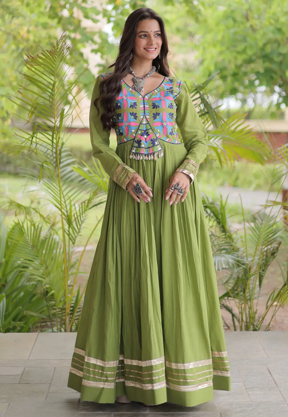 Pista Green Cotton Navratri Wear Gown 333733