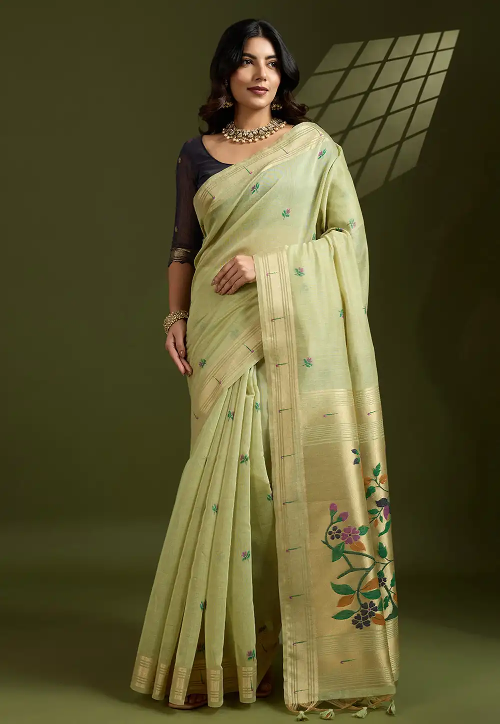 Pista Green Cotton Paithani Saree 314063