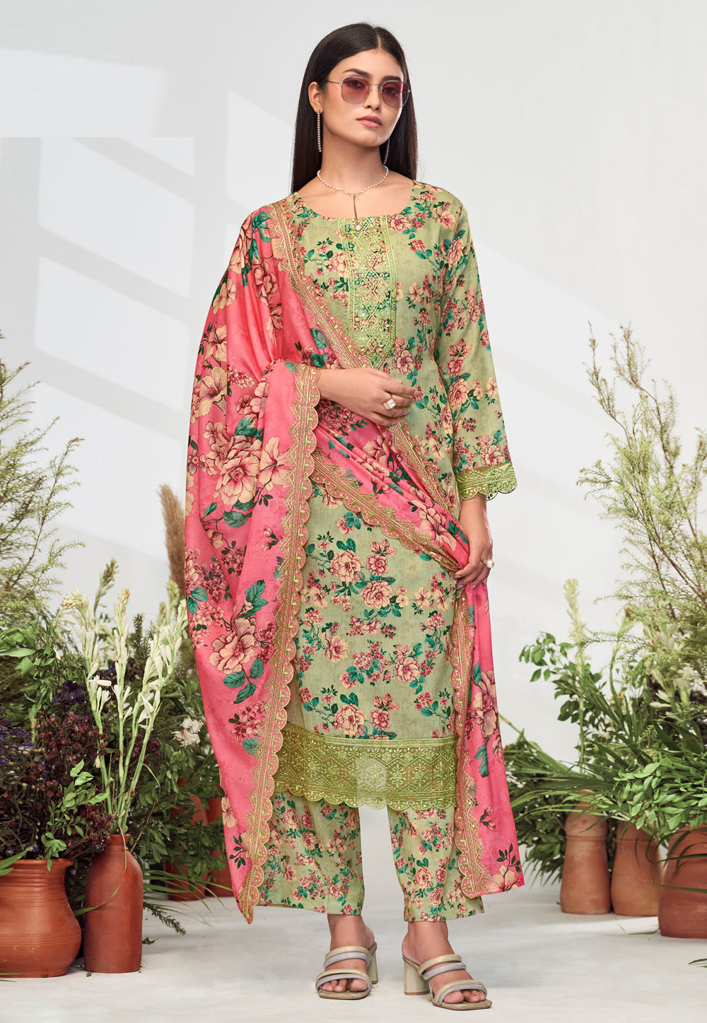Pista Green Cotton Pakistani Suit 307117
