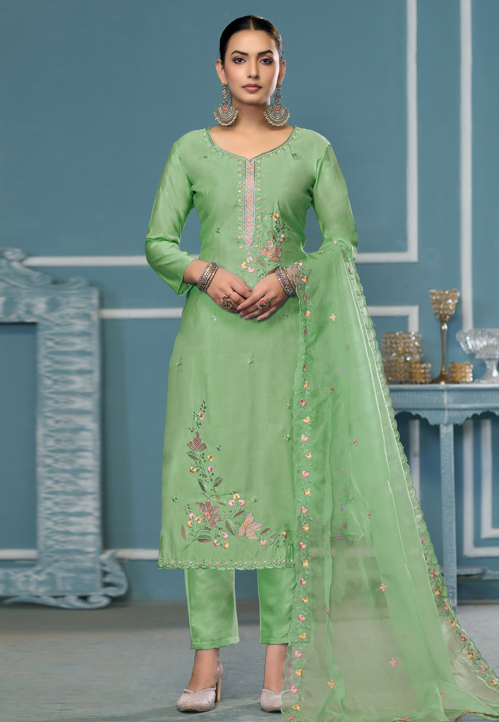 Pista Green Cotton Pakistani Suit 307285