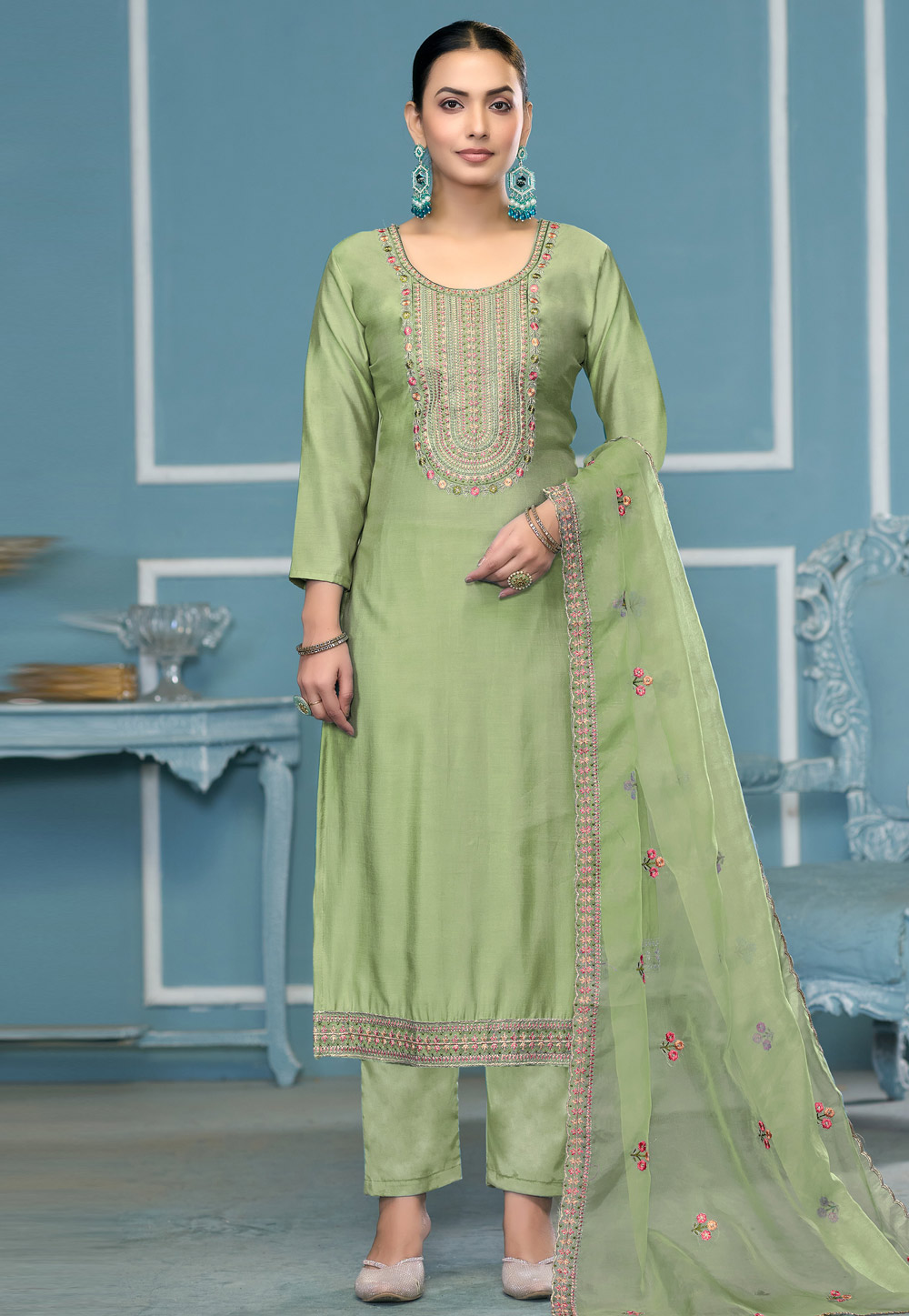 Pista Green Cotton Pant Style Suit 307431