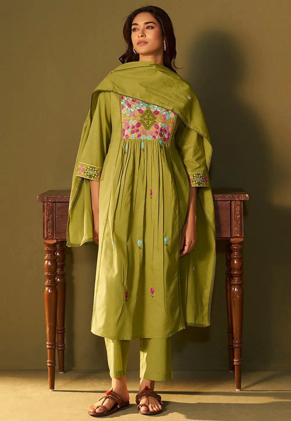 Pista Green Cotton Readymade Anarkali Suit 334191