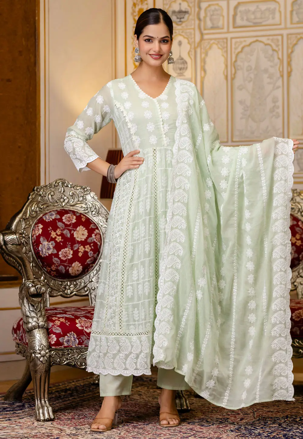 Pista Green Cotton Readymade Long Anarkali Suit 335400