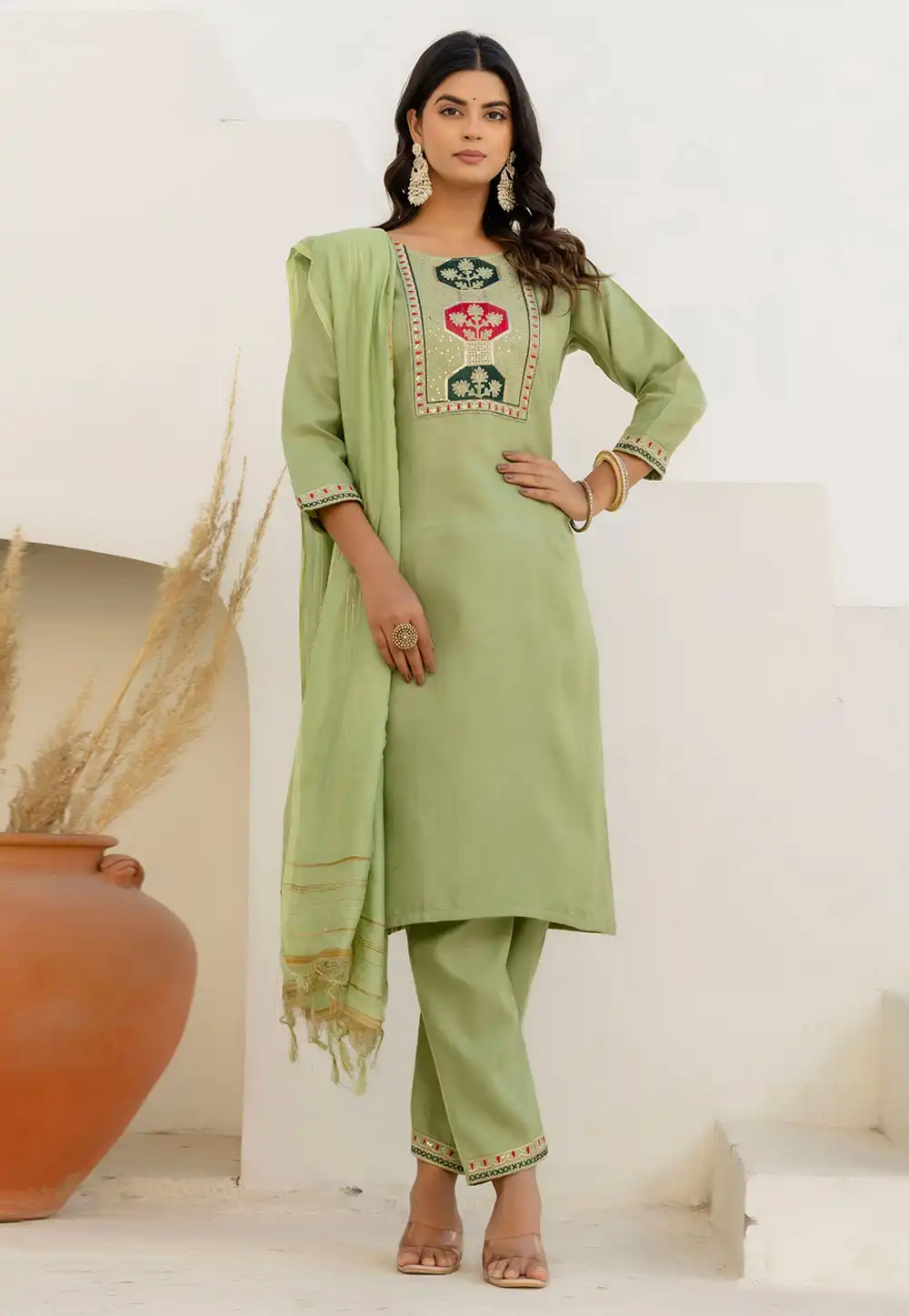 Pista Green Cotton Readymade Pakistani Suit 313834