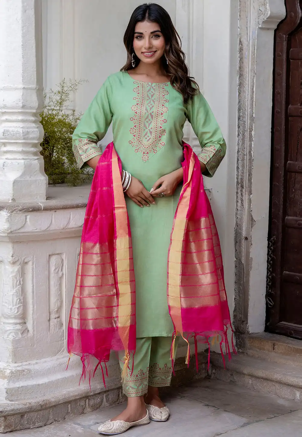 Pista Green Cotton Readymade Pakistani Suit 329970