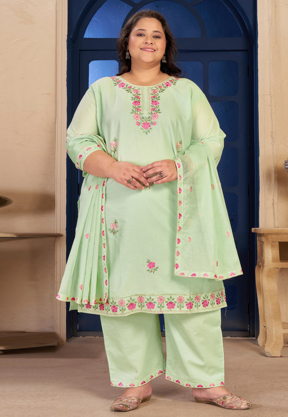Pista Green Cotton Readymade Palazzo Suit 326834