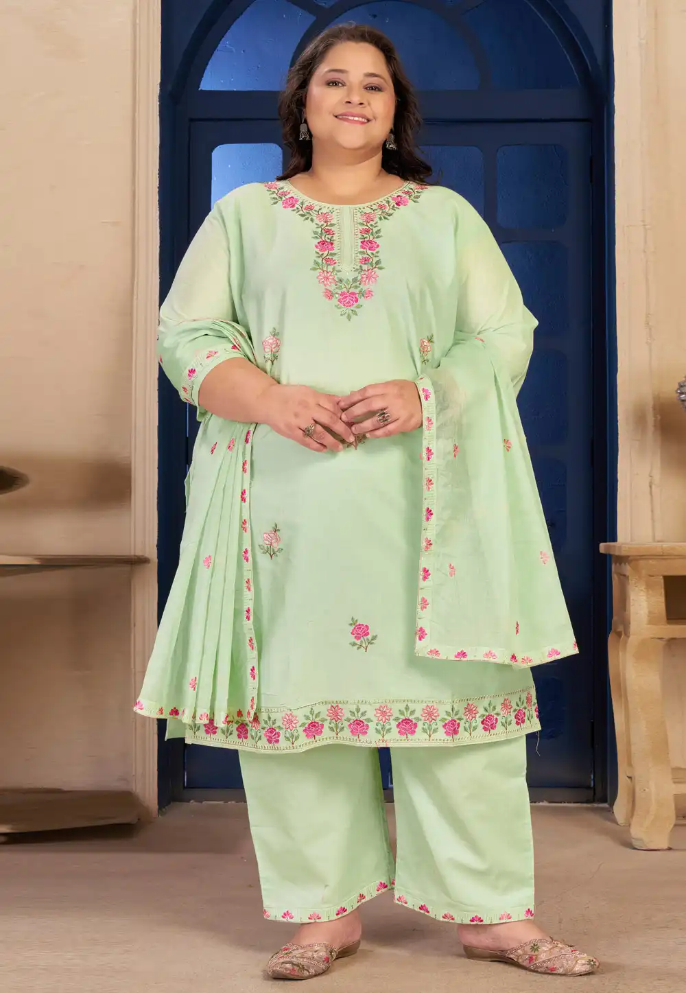 Pista Green Cotton Readymade Palazzo Suit 326834