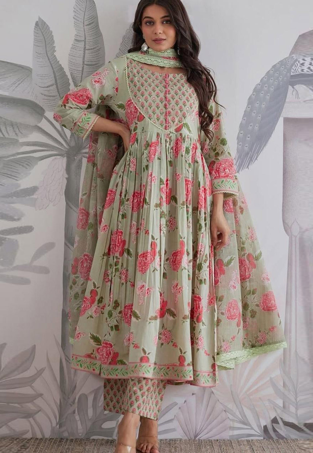 Pista Green Cotton Readymade Pant Style Suit 329641