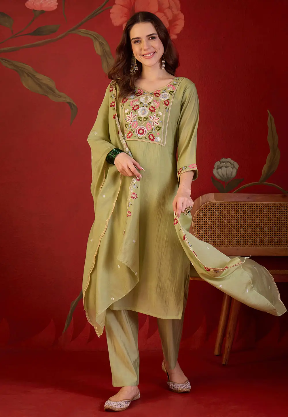 Pista Green Cotton Readymade Pant Style Suit 336036