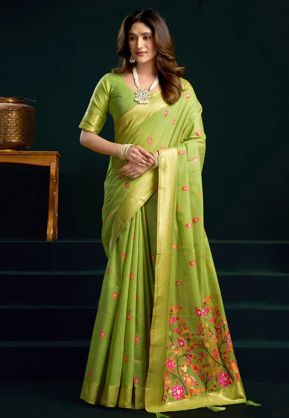 Pista Green Cotton Saree With Blouse 327373