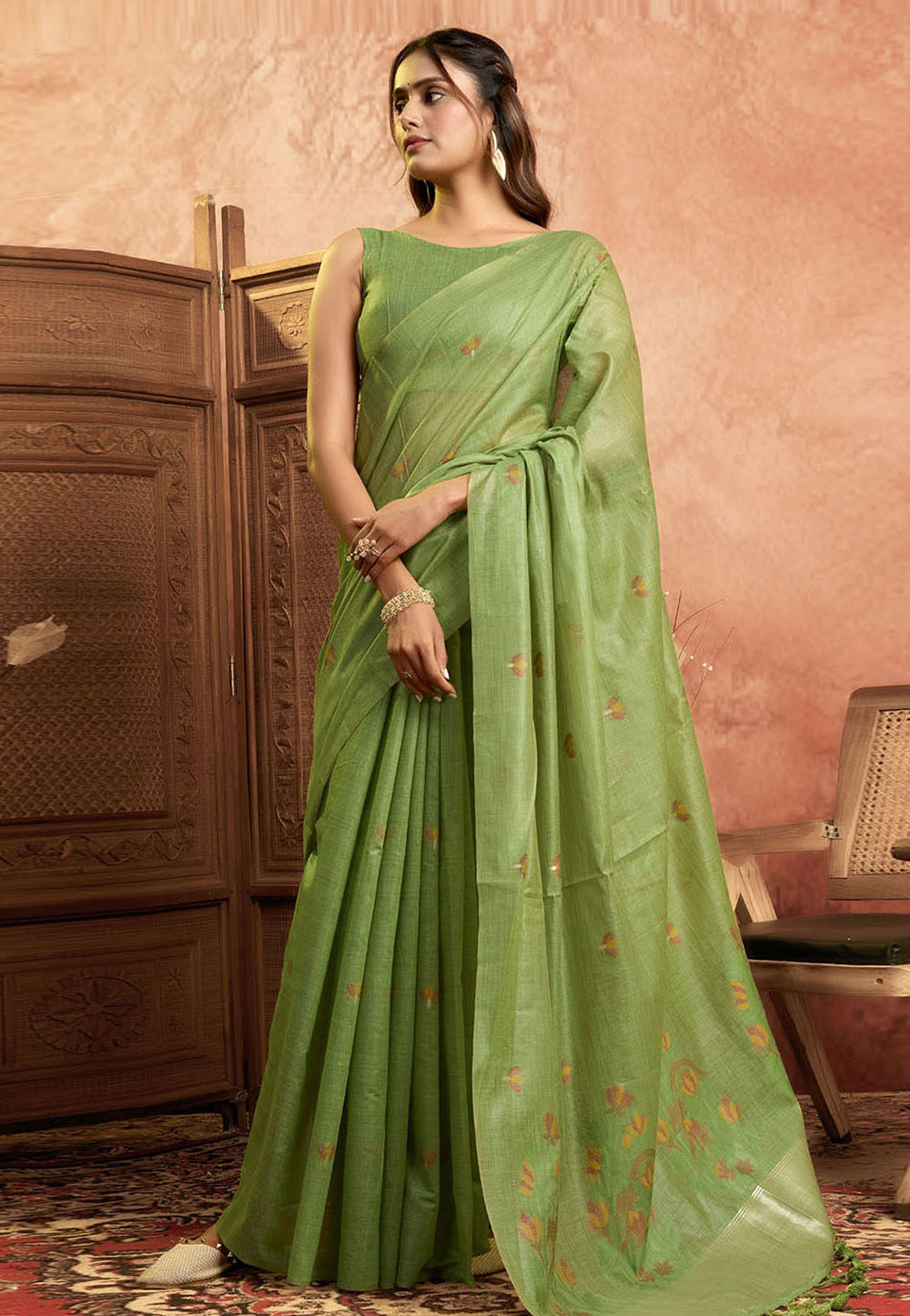 Pista Green Cotton Saree With Blouse 312509