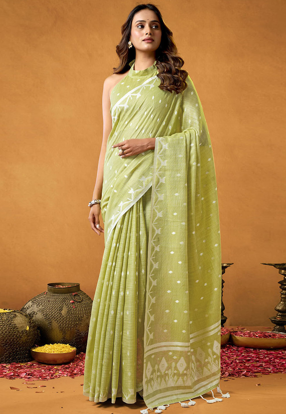Pista Green Cotton Saree With Blouse 312521