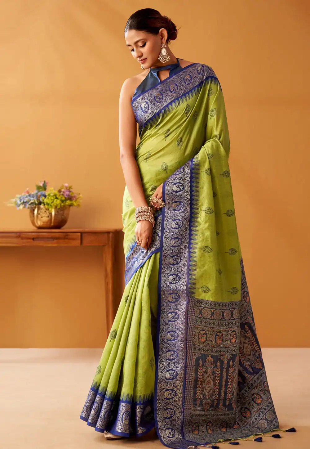 Pista Green Cotton Saree With Blouse 328197