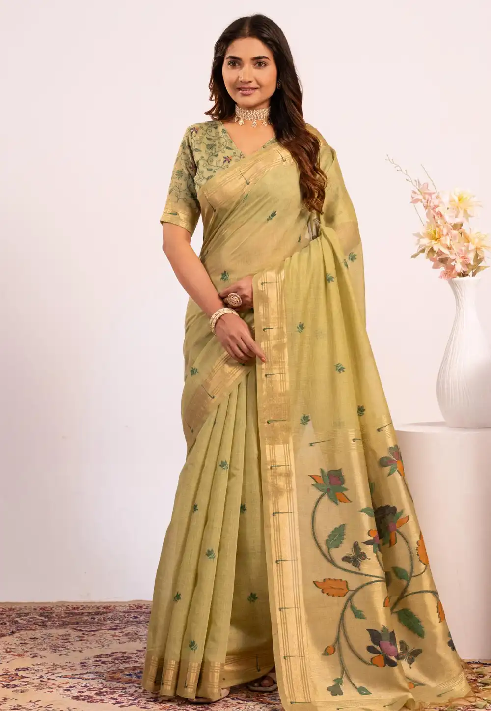 Pista Green Cotton Saree With Blouse 323204